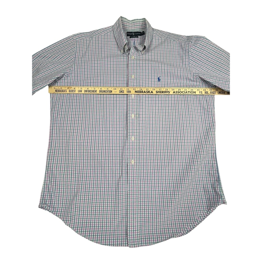 Ralph Lauren EUC Button Down Shirt Men's L Pink Blue Plaid Short Sleeve Cotton - Picture 5 of 9